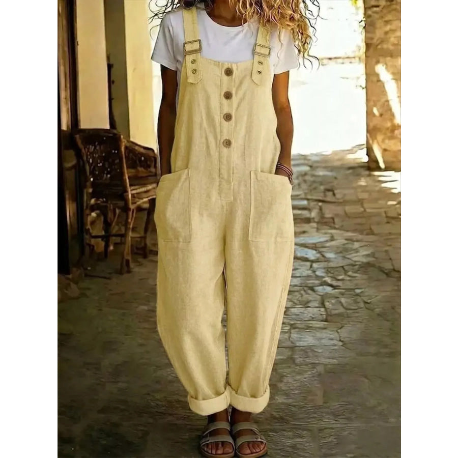 Casual Button Front Wide Leg Overalls Yellow / S Apparel and Accessories