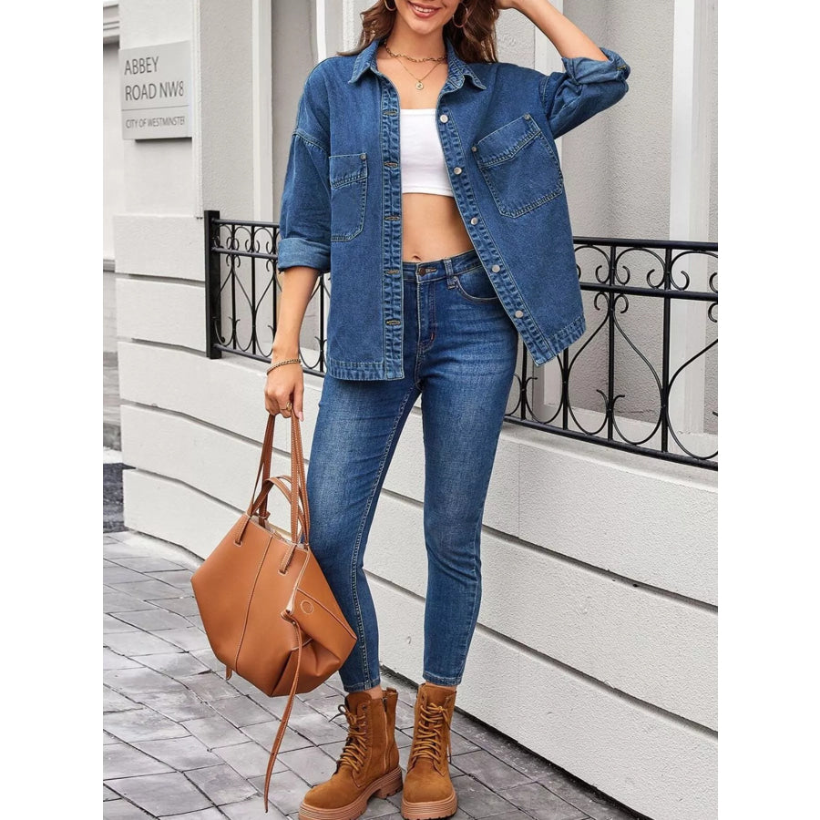 Casual Button Up Loose Fit Denim Jacket Apparel and Accessories
