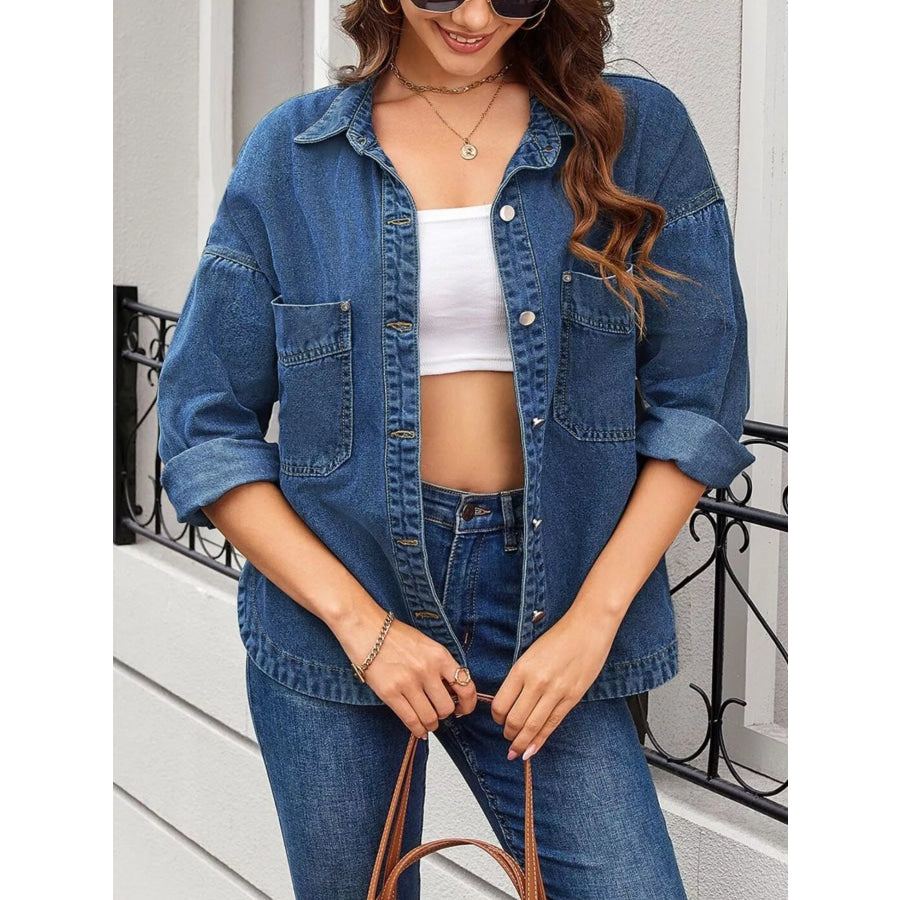 Casual Button Up Loose Fit Denim Jacket Navy / S Apparel and Accessories
