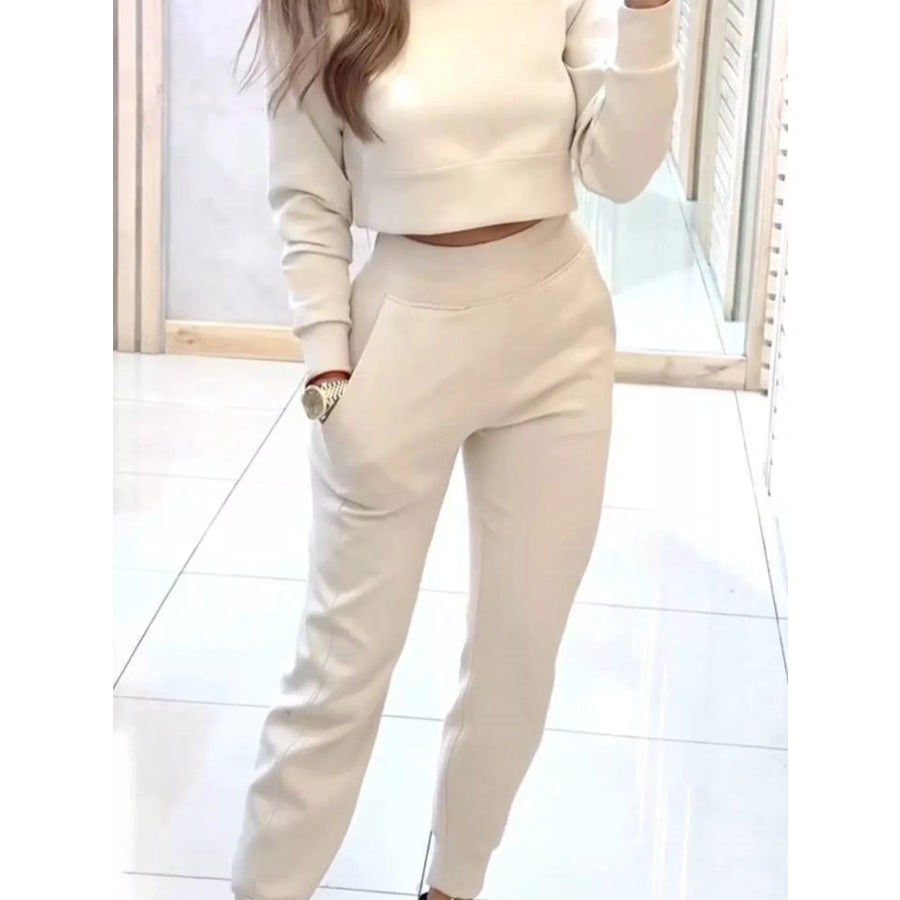 Casual Chic Cropped Sweatshirt and Jogger Set Apricot / S Apparel and Accessories