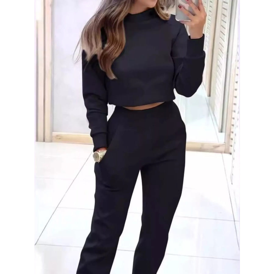 Casual Chic Cropped Sweatshirt and Jogger Set Black / S Apparel and Accessories