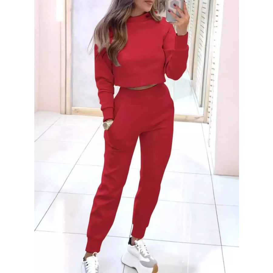 Casual Chic Cropped Sweatshirt and Jogger Set Red / S Apparel and Accessories