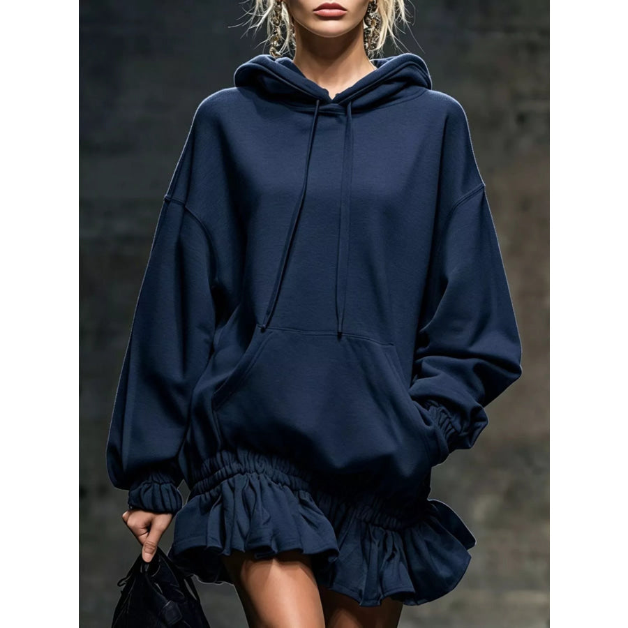 Casual Chic Hoodie Sweatshirt Mini Dress with Ruffled Hem Navy / S Apparel and Accessories
