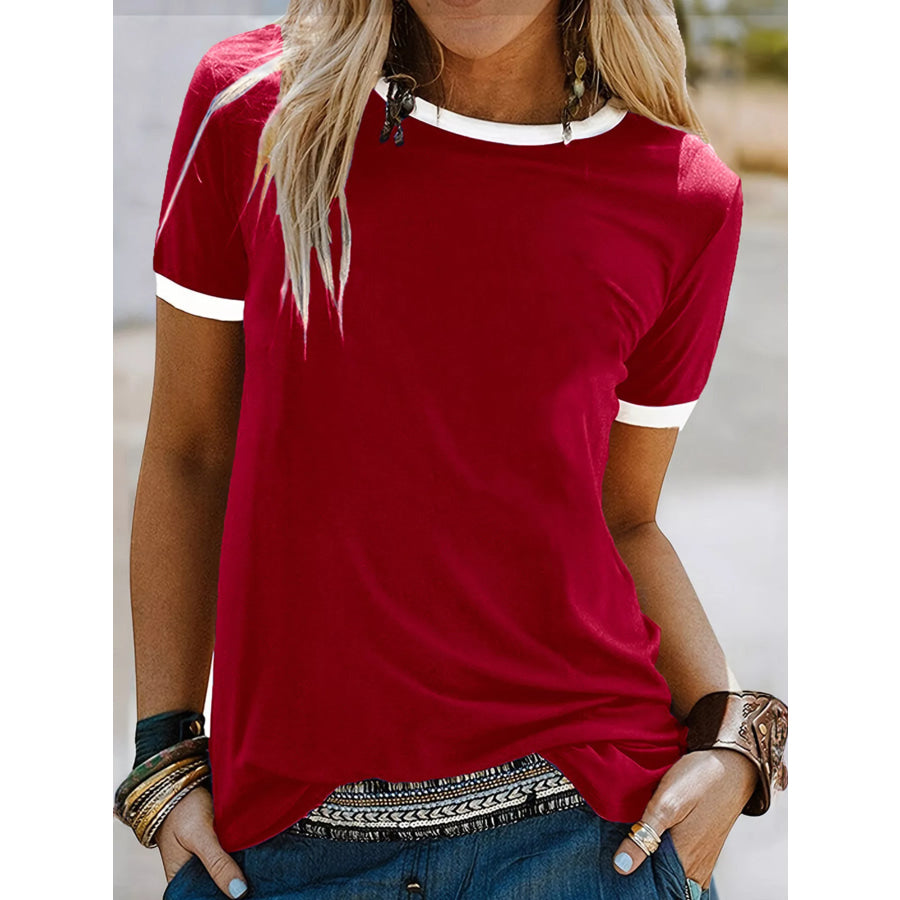 Casual Contrast Trim Short Sleeve T-Shirt Bright Red / S Apparel and Accessories
