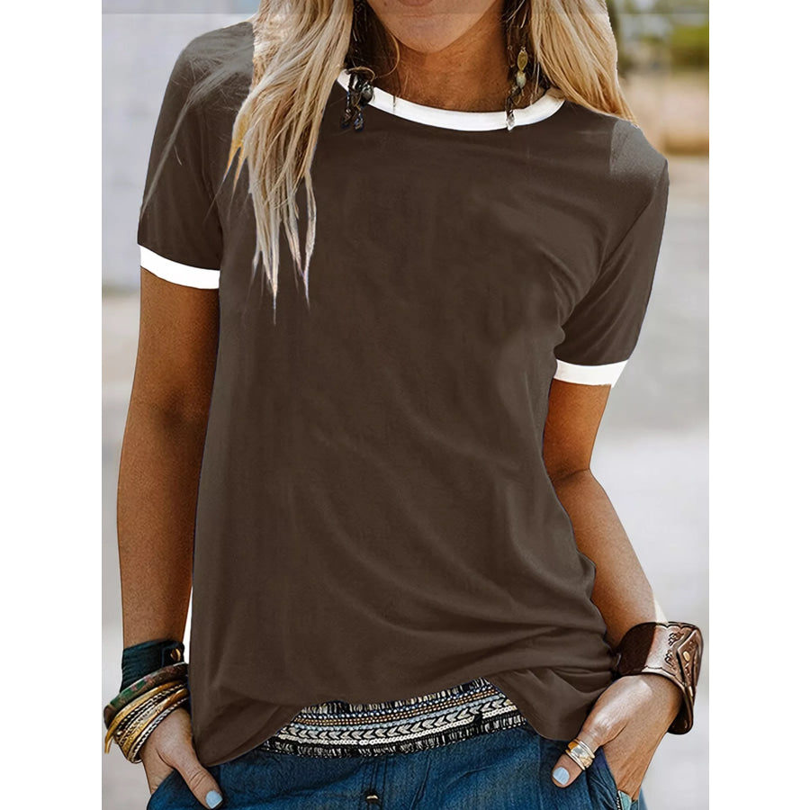Casual Contrast Trim Short Sleeve T-Shirt Coffee / S Apparel and Accessories