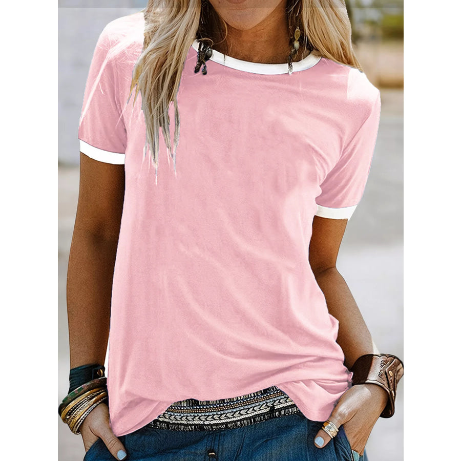 Casual Contrast Trim Short Sleeve T-Shirt Pink / S Apparel and Accessories