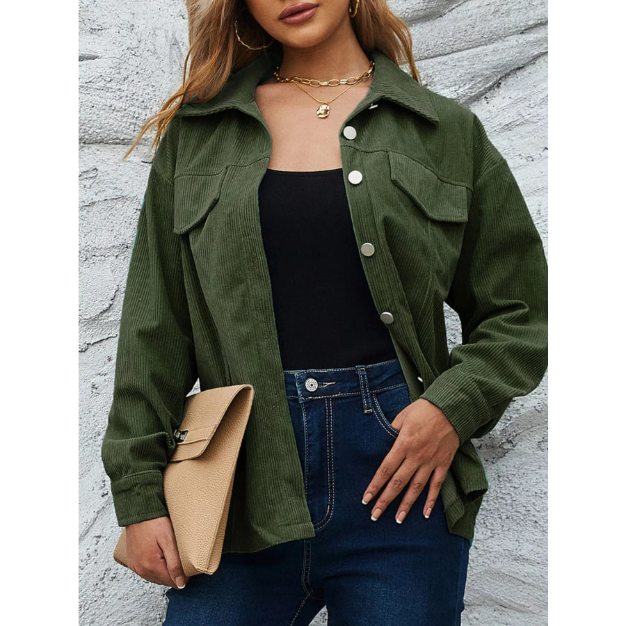 Casual Corduroy Button-Down Jacket Olive Green / S Apparel and Accessories