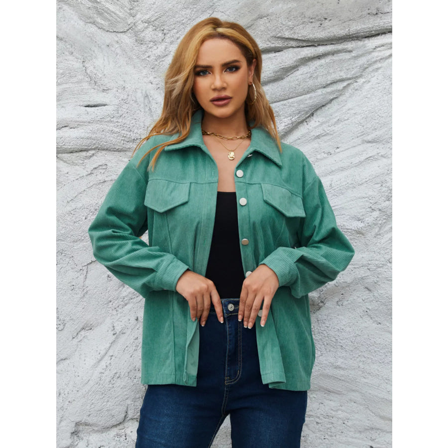 Casual Corduroy Button-Down Jacket Peacock Green / S Apparel and Accessories