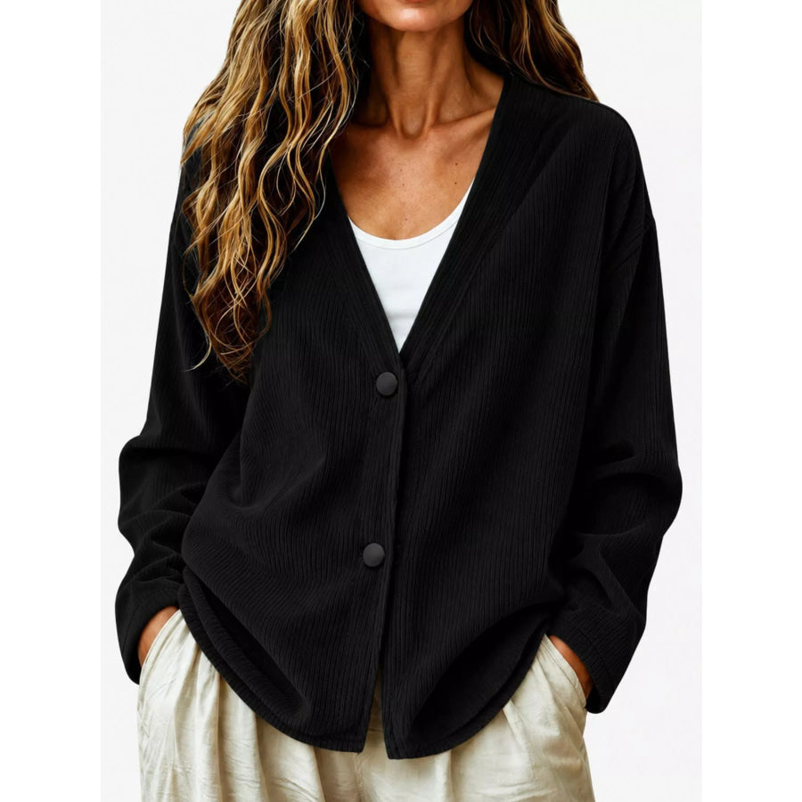 Casual Corduroy Button-Up Cardigan Black / S Apparel and Accessories