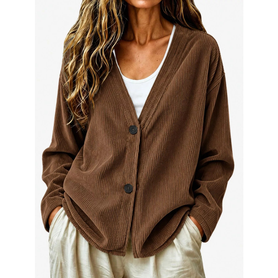 Casual Corduroy Button-Up Cardigan Brown / S Apparel and Accessories