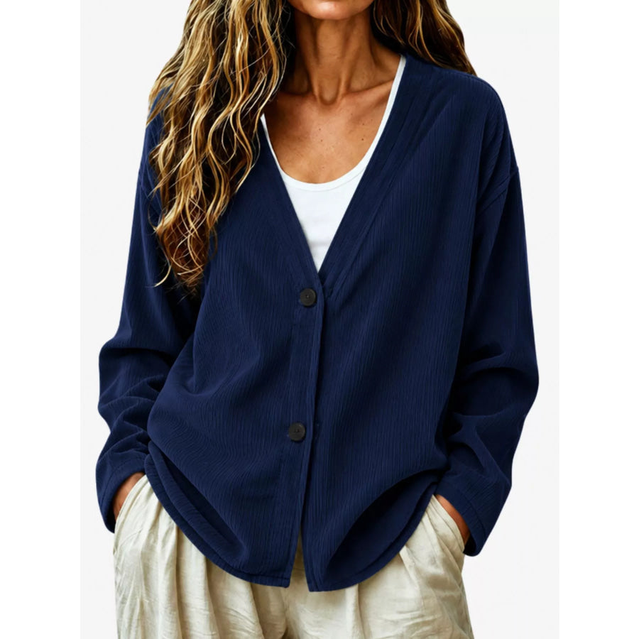 Casual Corduroy Button-Up Cardigan Dark Blue / S Apparel and Accessories