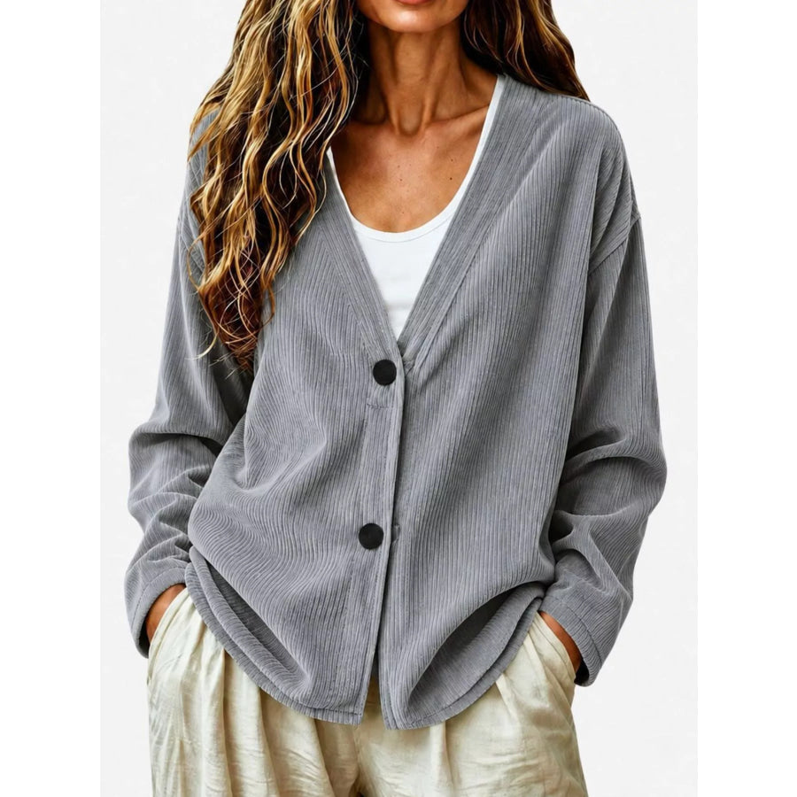 Casual Corduroy Button-Up Cardigan Gray / S Apparel and Accessories