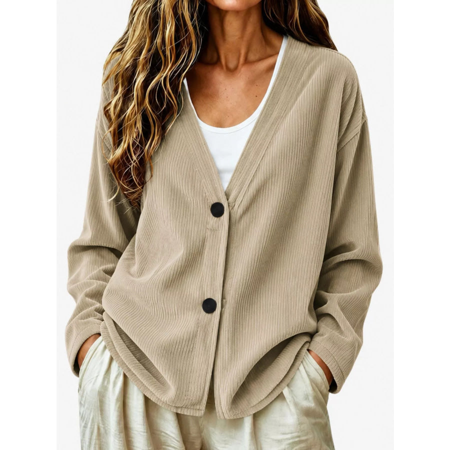 Casual Corduroy Button-Up Cardigan Khaki / S Apparel and Accessories