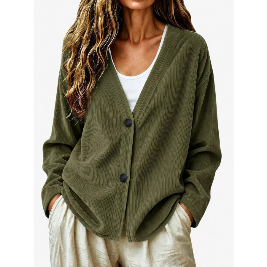 Casual Corduroy Button-Up Cardigan Olive Brown / S Apparel and Accessories