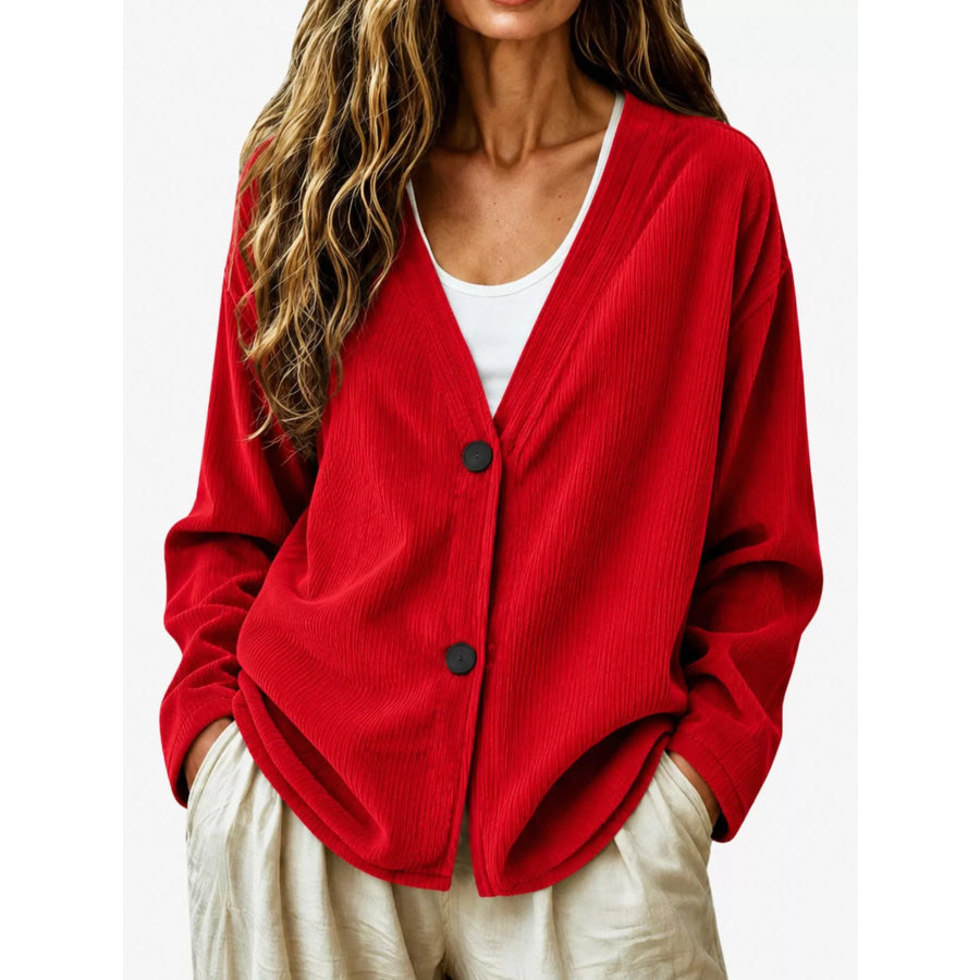 Casual Corduroy Button-Up Cardigan Scarlet / S Apparel and Accessories