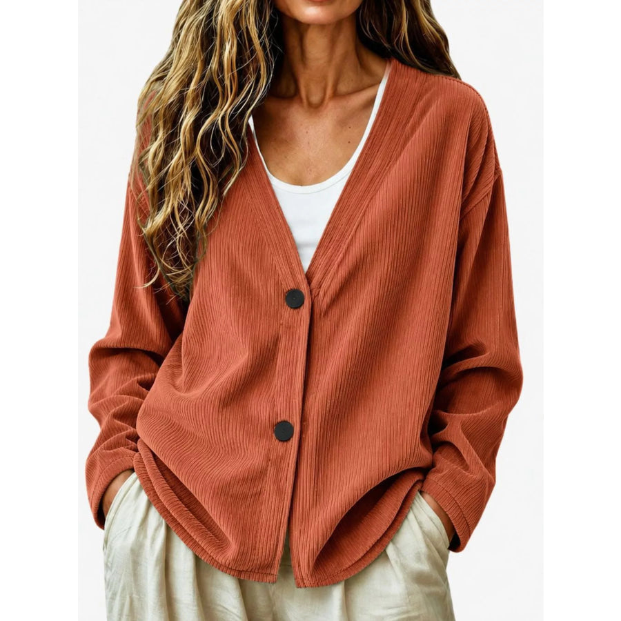 Casual Corduroy Button-Up Cardigan Terracotta / S Apparel and Accessories