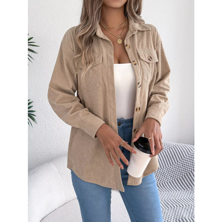 Casual Corduroy Button-Up Shacket Khaki / S Apparel and Accessories