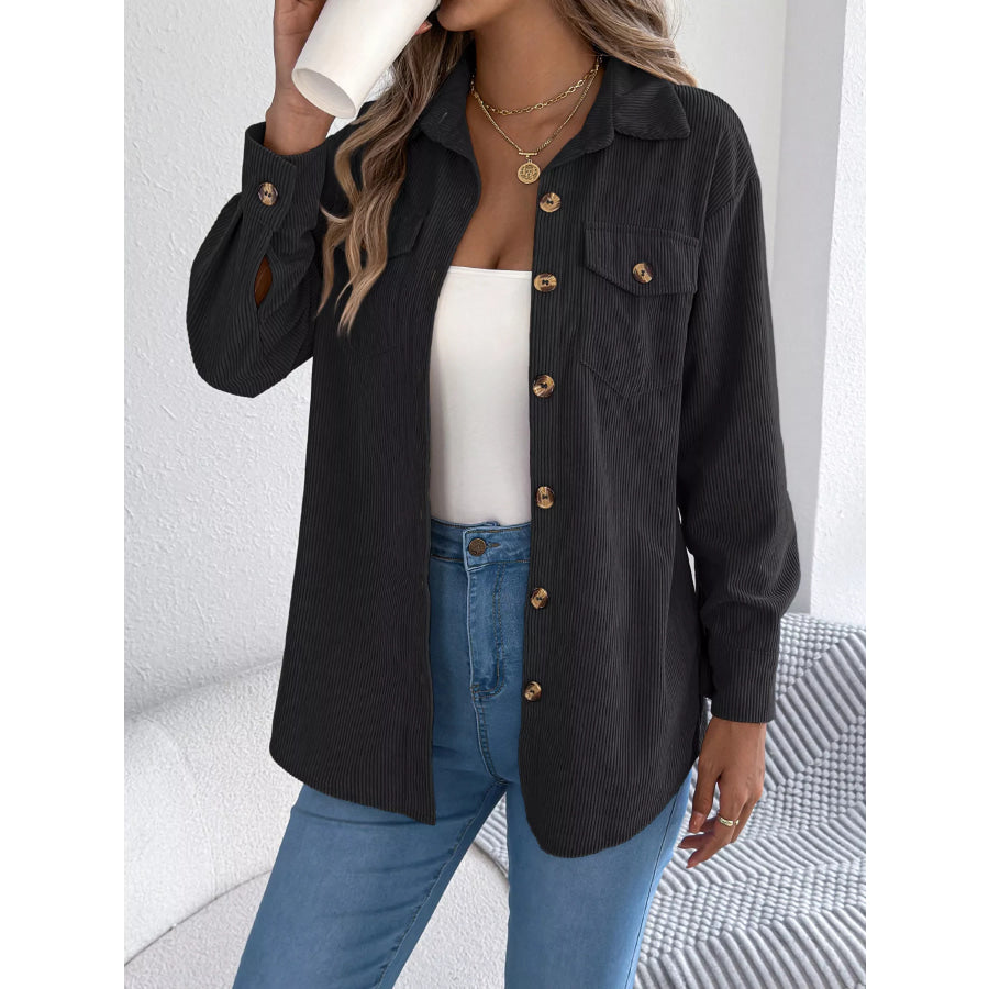 Casual Corduroy Button-Up Shacket Black / S Apparel and Accessories