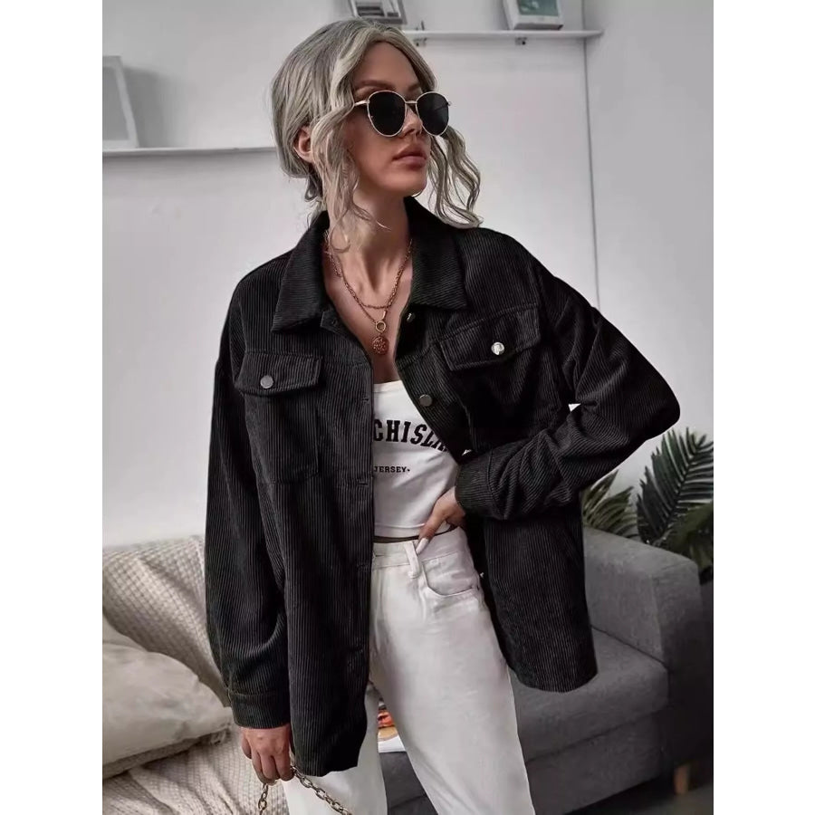Casual Corduroy Button-Up Shacket Black / S Apparel and Accessories