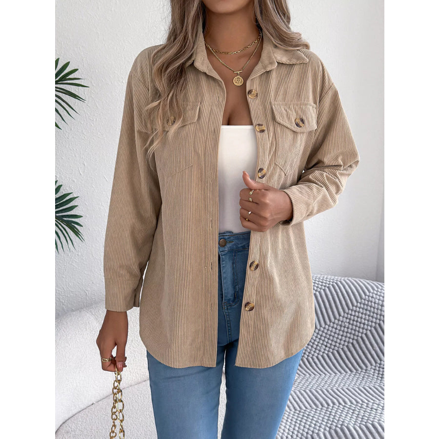 Casual Corduroy Button-Up Shacket Khaki / S Apparel and Accessories