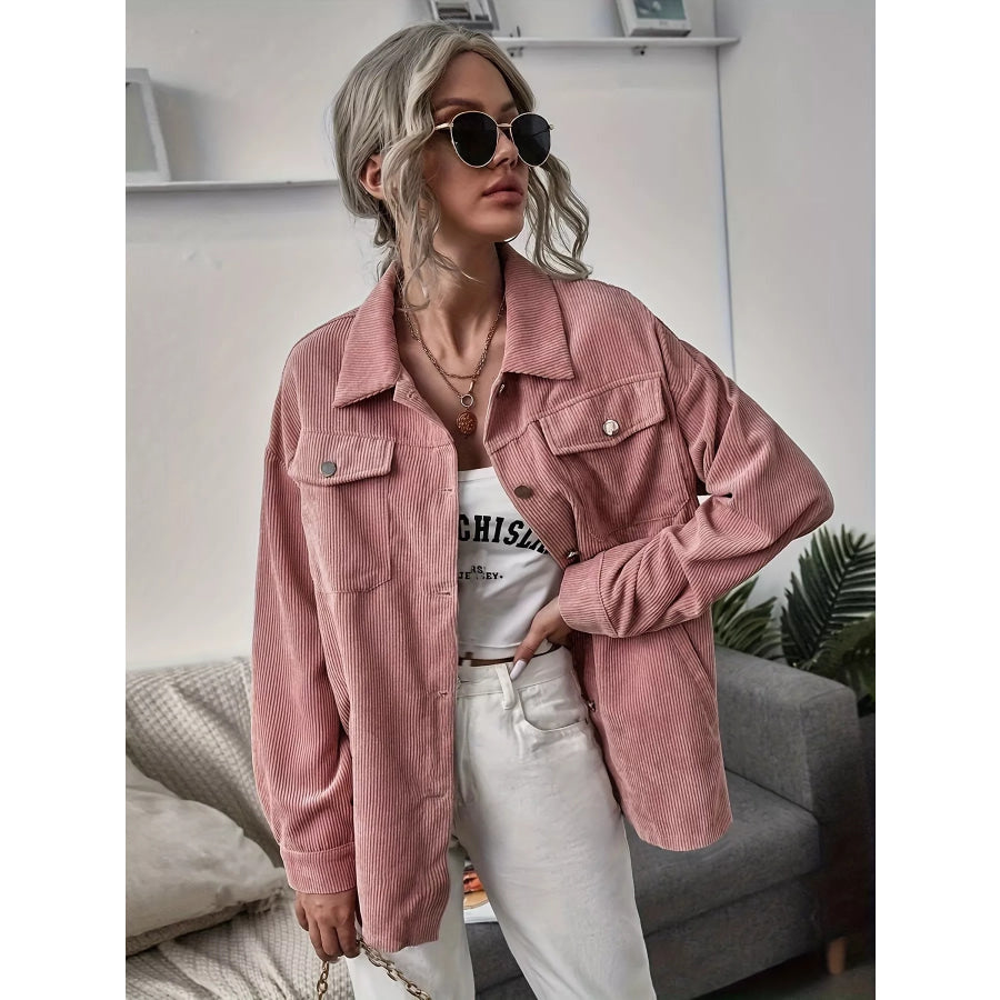Casual Corduroy Button-Up Shacket Pink / S Apparel and Accessories