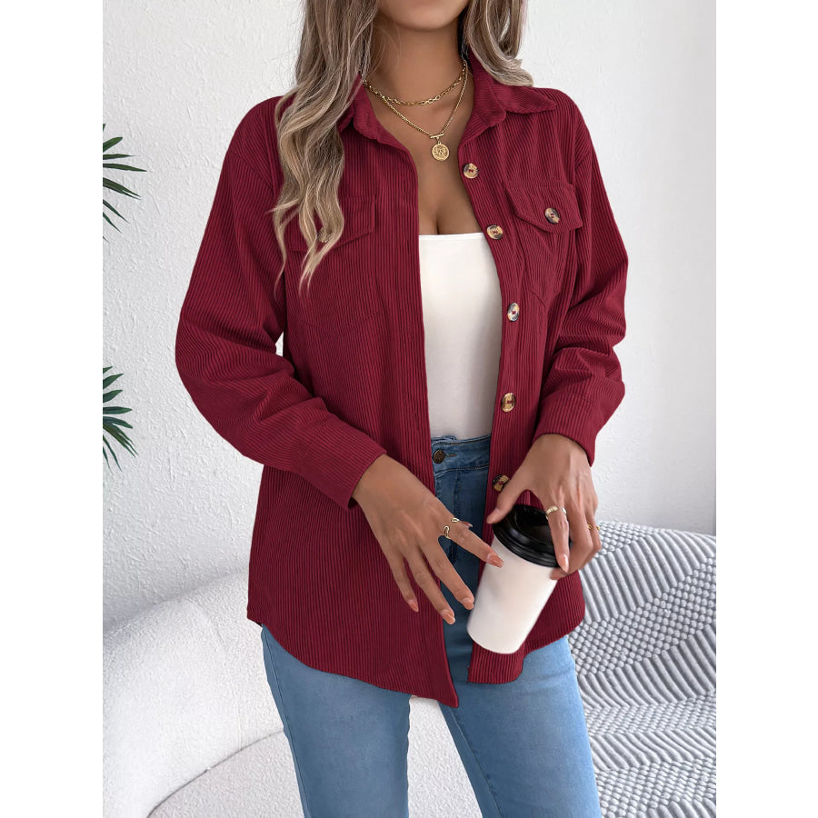 Casual Corduroy Button-Up Shacket Wine Red / S Apparel and Accessories