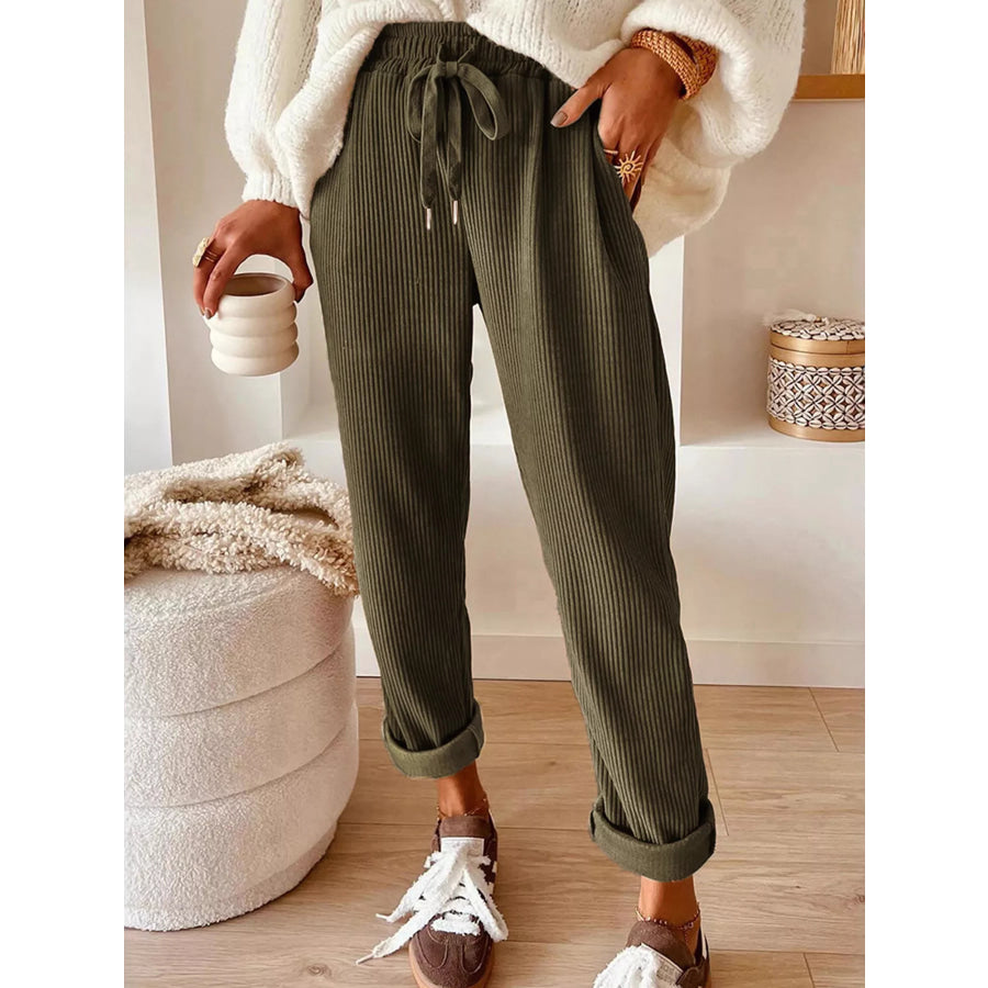 Casual Corduroy Drawstring Waist Pants Army Green / S Apparel and Accessories