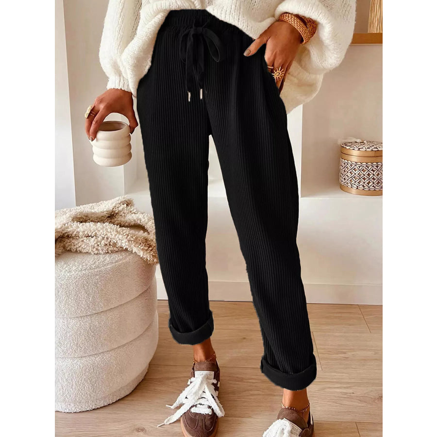 Casual Corduroy Drawstring Waist Pants Black / S Apparel and Accessories