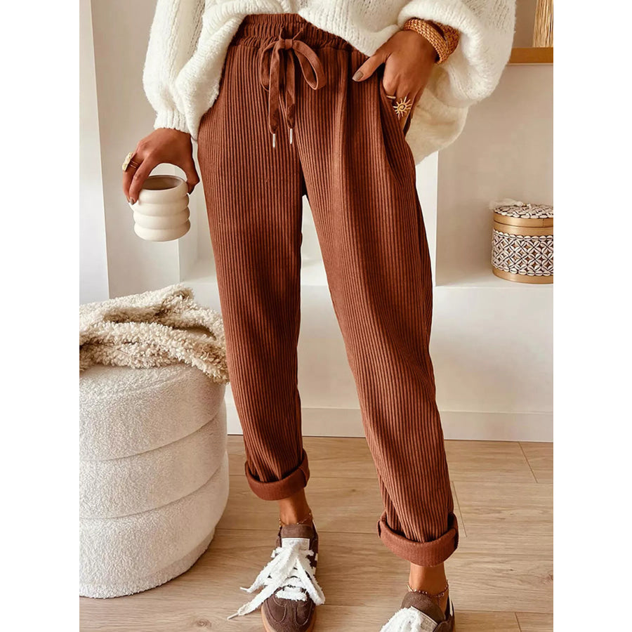 Casual Corduroy Drawstring Waist Pants Brown / S Apparel and Accessories