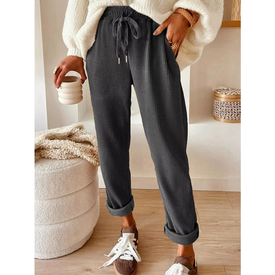 Casual Corduroy Drawstring Waist Pants Gray / S Apparel and Accessories