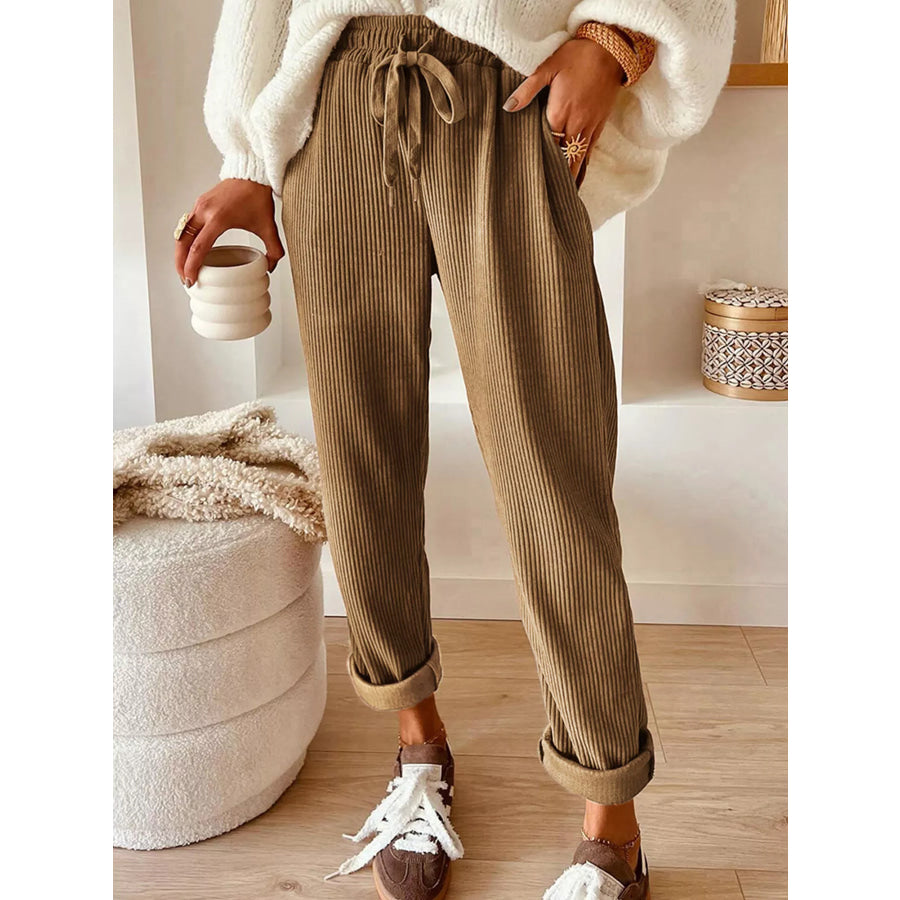 Casual Corduroy Drawstring Waist Pants Khaki / S Apparel and Accessories