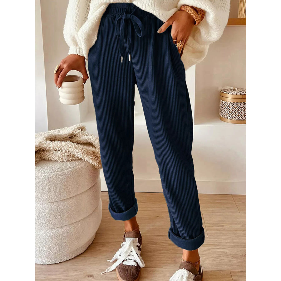 Casual Corduroy Drawstring Waist Pants Navy / S Apparel and Accessories