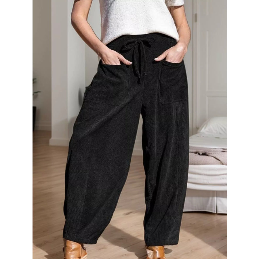 Casual Corduroy Wide Leg Pants with Pockets Black / S Apparel and Accessories