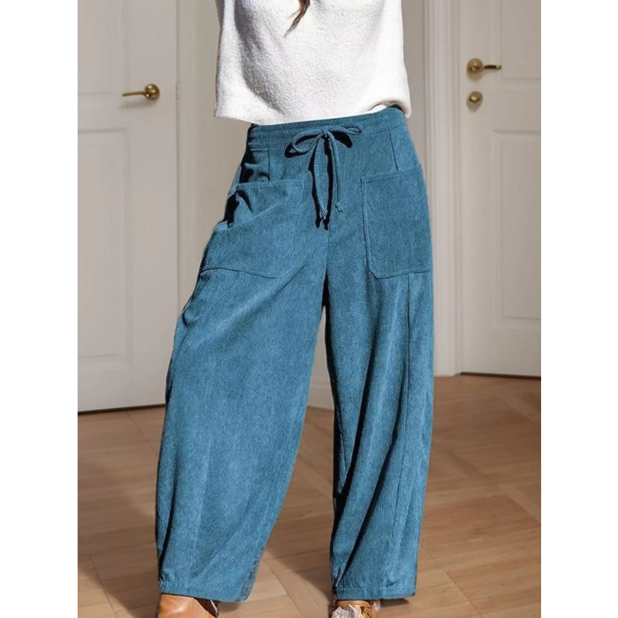 Casual Corduroy Wide Leg Pants with Pockets Blue / S Apparel and Accessories