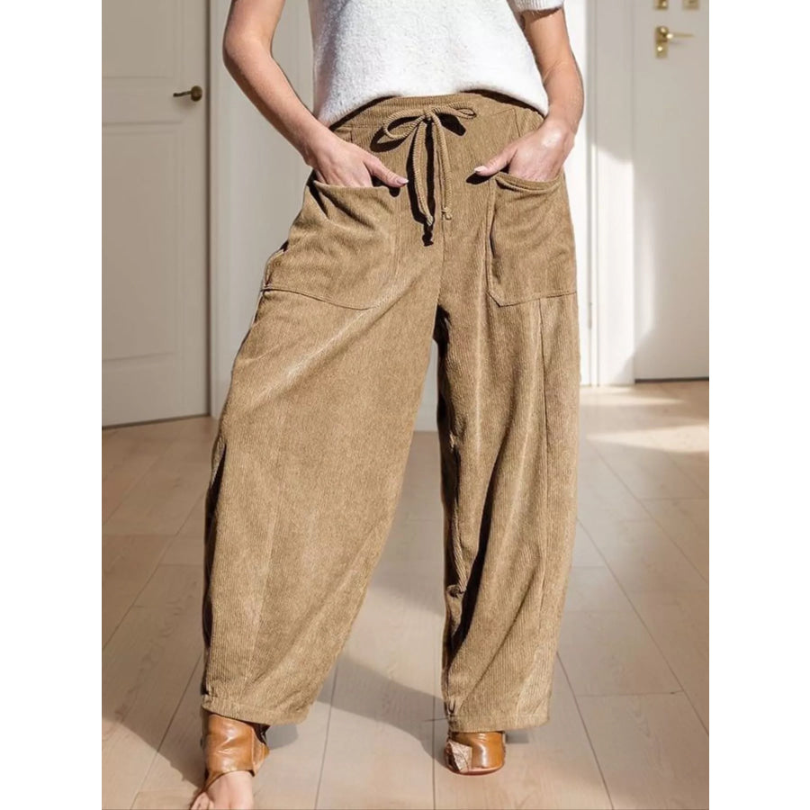 Casual Corduroy Wide Leg Pants with Pockets Khaki / S Apparel and Accessories