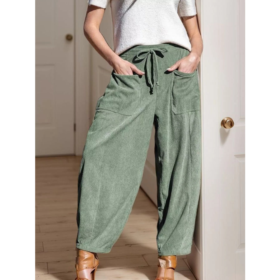 Casual Corduroy Wide Leg Pants with Pockets Sage / S Apparel and Accessories