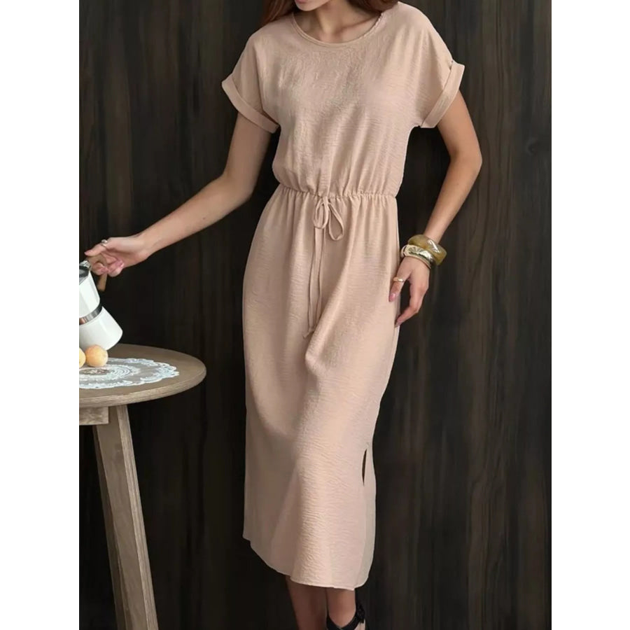 Casual Drawstring Waist Midi Dress Apricot / S Apparel and Accessories
