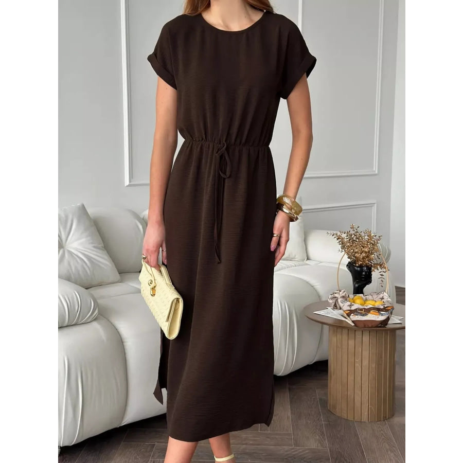 Casual Drawstring Waist Midi Dress Dark Brown / S Apparel and Accessories