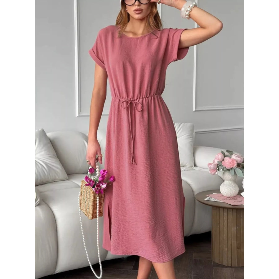 Casual Drawstring Waist Midi Dress Deep Rose / S Apparel and Accessories