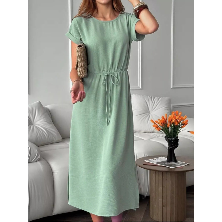 Casual Drawstring Waist Midi Dress Green / S Apparel and Accessories