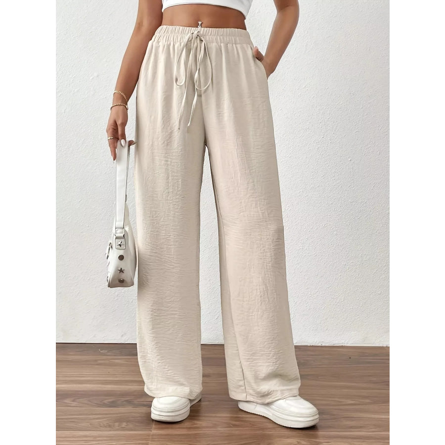 Casual Drawstring Wide Leg Pants Apricot / S Apparel and Accessories