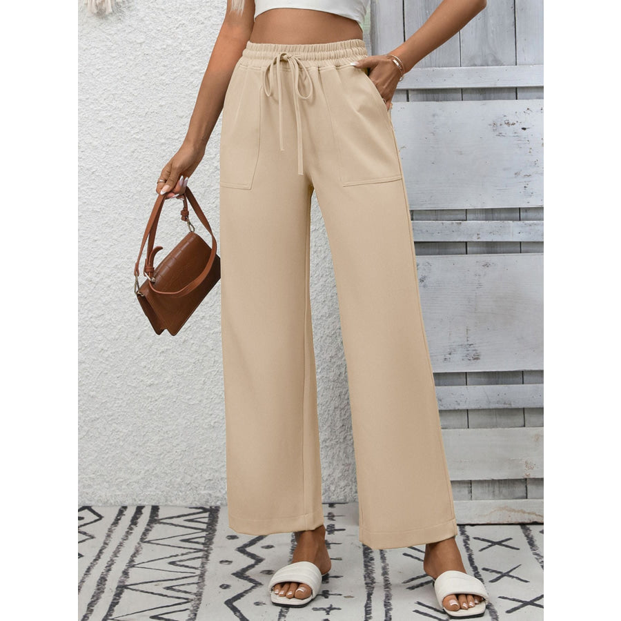 Casual Drawstring Wide Leg Pants Apricot / S Apparel and Accessories