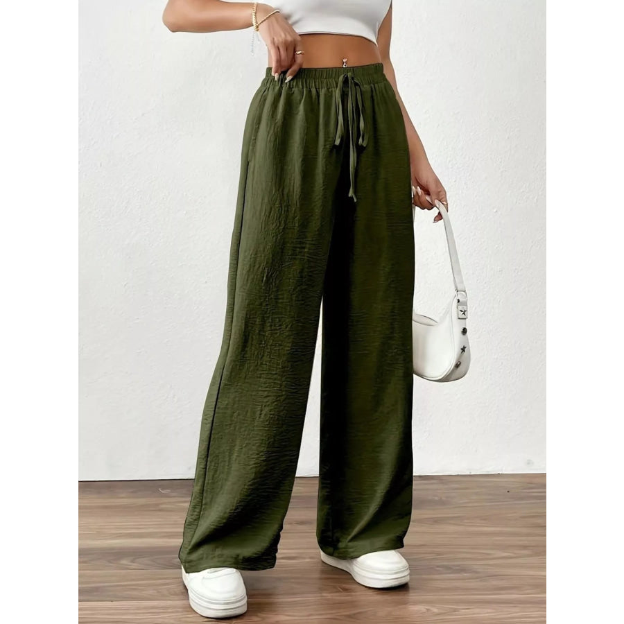 Casual Drawstring Wide Leg Pants Army Green / S Apparel and Accessories
