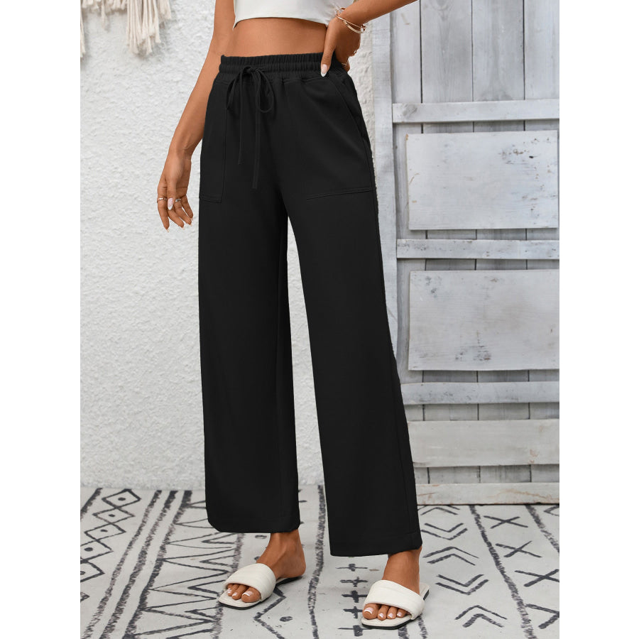 Casual Drawstring Wide Leg Pants Black / S Apparel and Accessories