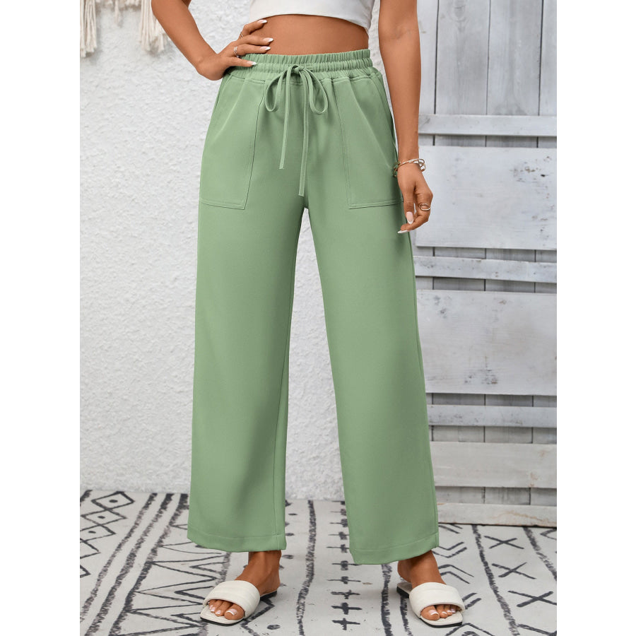 Casual Drawstring Wide Leg Pants Green / S Apparel and Accessories
