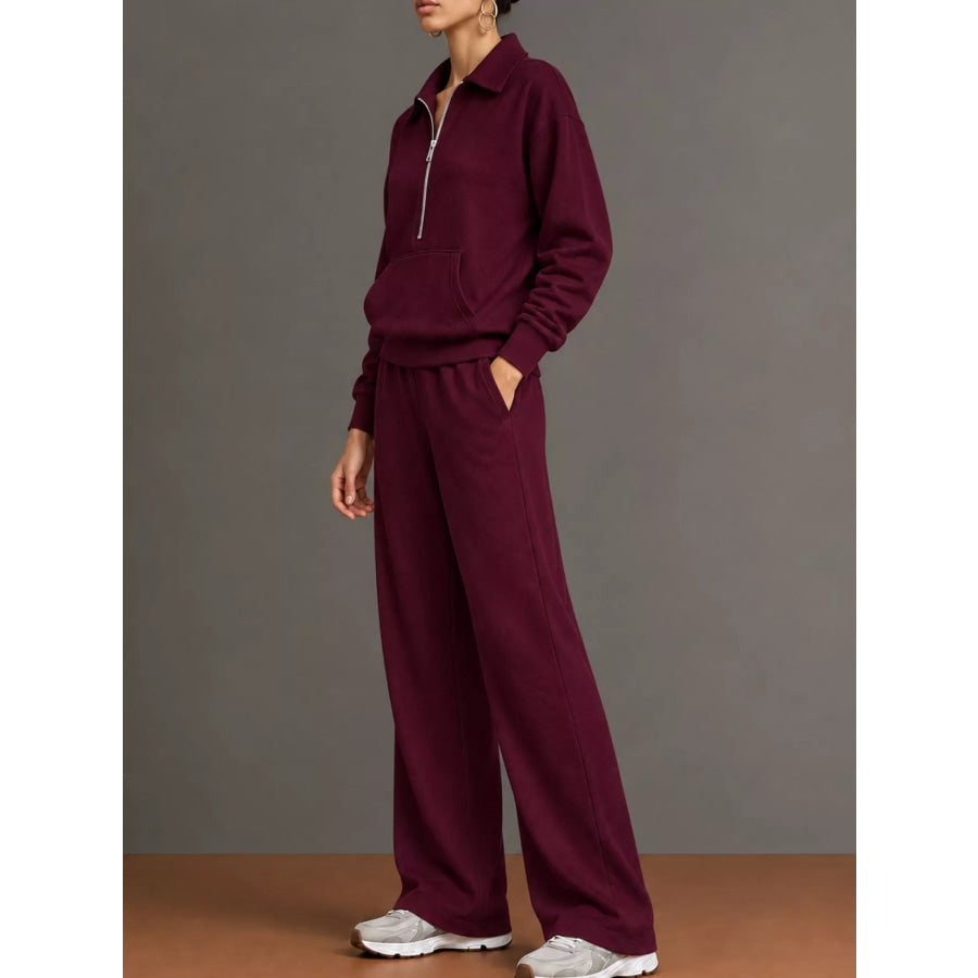 Casual Half-Zip Sweatshirt and Wide-Leg Pants Set Apparel Accessories