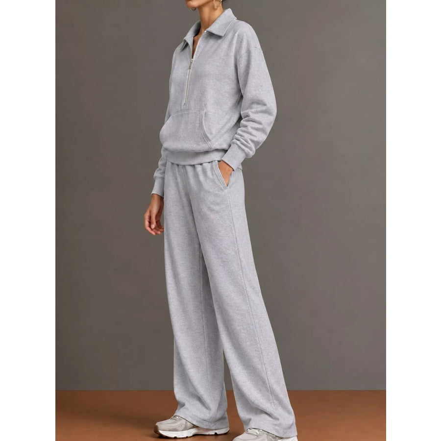 Casual Half-Zip Sweatshirt and Wide-Leg Pants Set Apparel Accessories