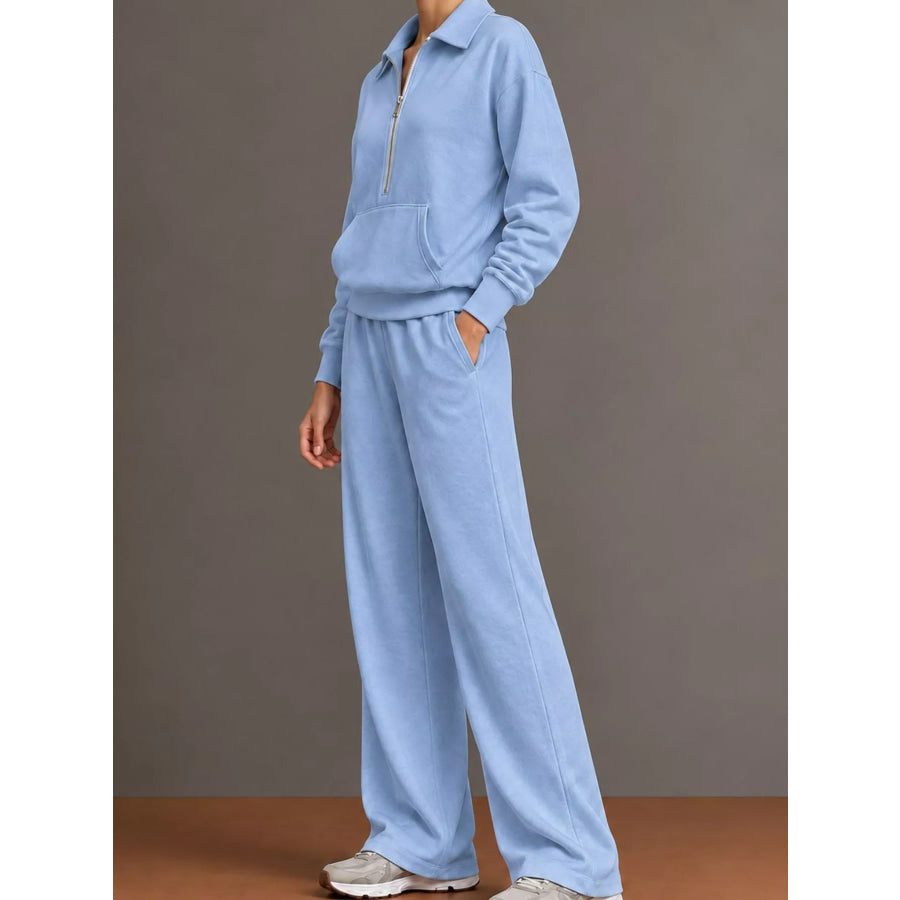 Casual Half-Zip Sweatshirt and Wide-Leg Pants Set Apparel Accessories