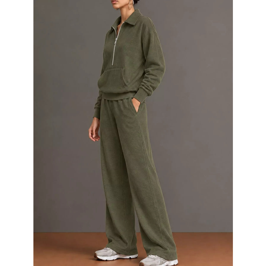 Casual Half-Zip Sweatshirt and Wide-Leg Pants Set Apparel Accessories