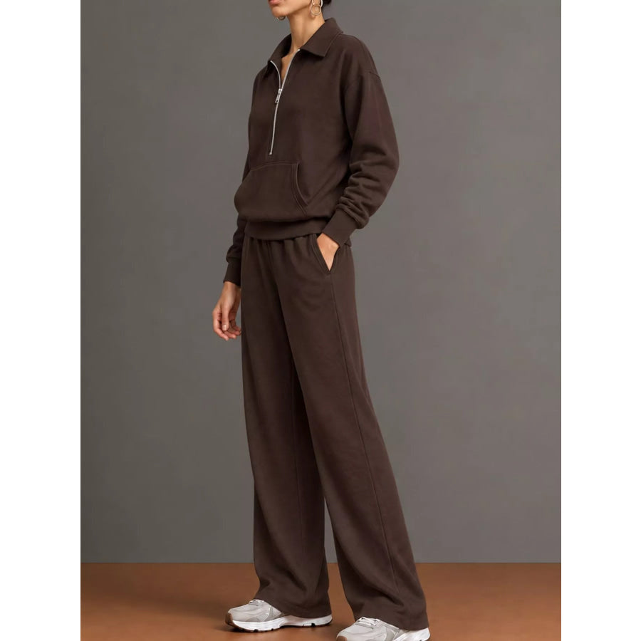Casual Half-Zip Sweatshirt and Wide-Leg Pants Set Apparel Accessories